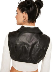 Women’s Cropped Black Leather Vest, High Neck Zip Front Sleeveless Moto Style Top