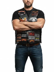 Men’s Black Leather Biker Vest with Embroidered Patches | Motorcycle Club Style Vest