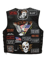 Men’s Black Leather Biker Vest with Embroidered Patches | Motorcycle Club Style Vest