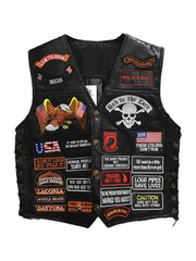 Men’s Black Leather Biker Vest with Embroidered Patches | Motorcycle Club Style Vest