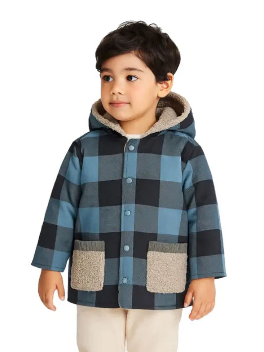 Kids Hooded Plaid Winter Jacket with Soft Fleece Lining