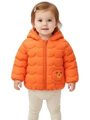 Baby Girls Orange Hooded Puffer Jacket with Cute Bear Patch
