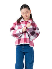 Girls Pink Checkered Button-Up Jacket – Soft Plaid Casual Outerwear