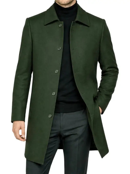 Men’s Dark Green Tailored Wool Blend Long Coat