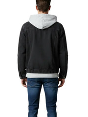 Men’s Black Denim Jacket with Detachable Gray Hoodie, Casual Streetwear Style