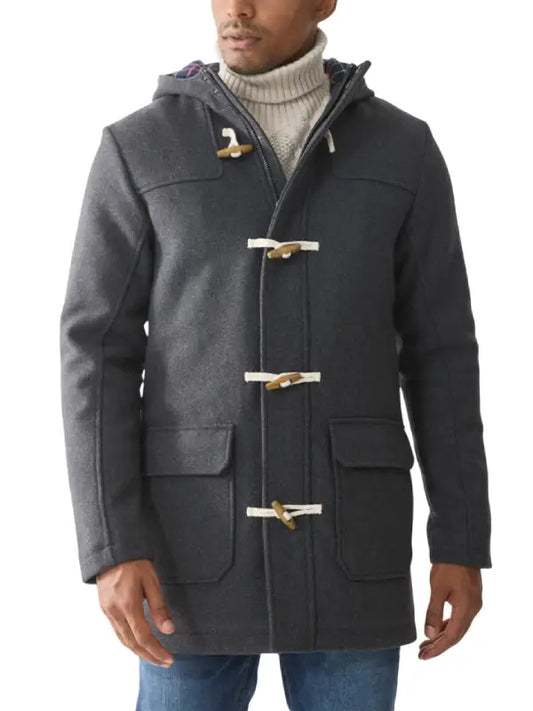 Men’s Grey Hooded Duffle Coat with Toggle Closure