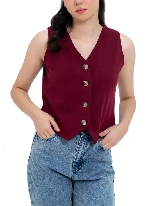 Women’s Sleeveless Buttoned Vest Top in Burgundy