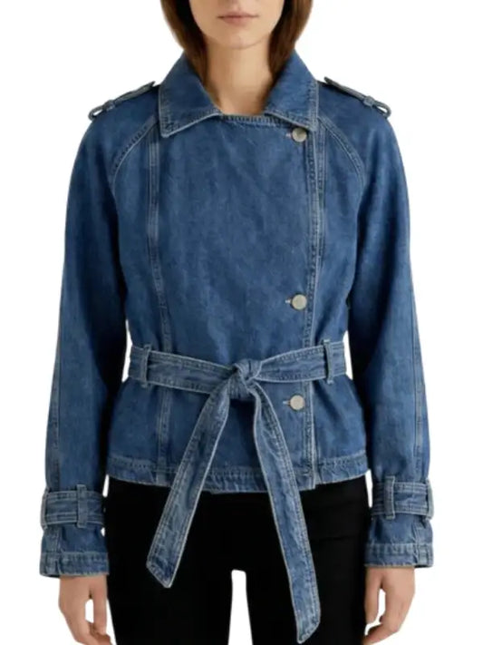 Women’s Blue Denim Belted Jacket with Button Closure