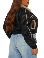 Women’s Black Faux Shearling Cropped Jacket with Fur Collar