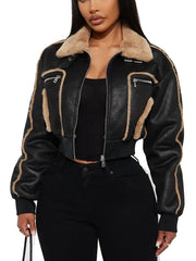Women’s Black Faux Shearling Cropped Jacket with Fur Collar