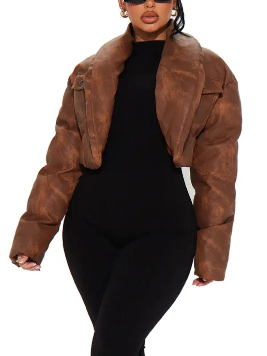 Women’s Brown Cropped Leather Jacket with Wide Collar
