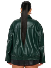 Women’s Green Leather Jacket with Zipper Pockets and Relaxed Fit