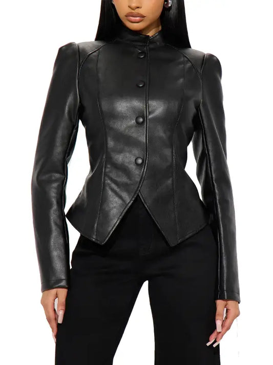 Women’s Black Fitted Leather Jacket with Stand Collar