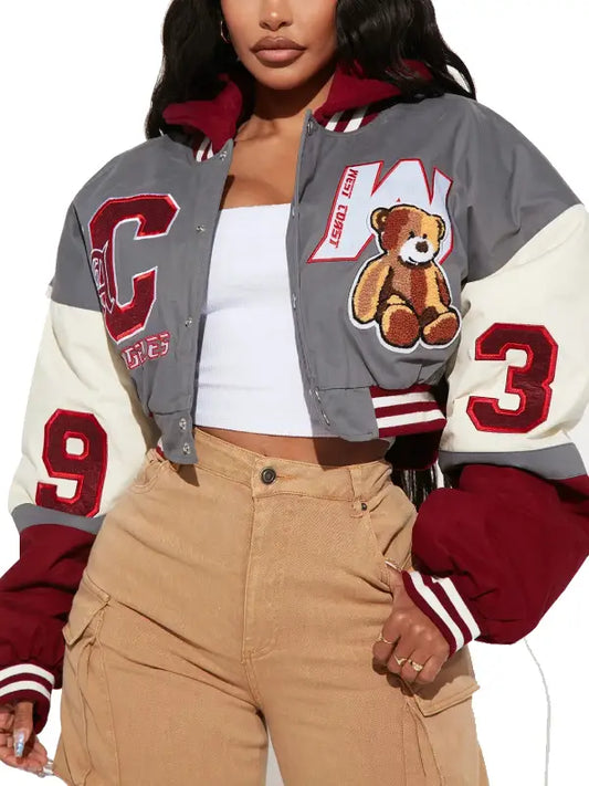 Women’s Cropped Varsity Jacket with Hood, Embroidered Patches & Teddy Bear Design