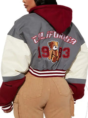 Women’s Cropped Varsity Jacket with Hood, Embroidered Patches & Teddy Bear Design