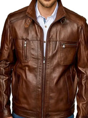 Men’s Brown Leather Jacket with Stand Collar | Classic Zip-Up Biker Style