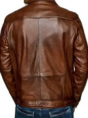Men’s Brown Leather Jacket with Stand Collar | Classic Zip-Up Biker Style