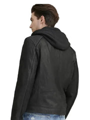 Men’s Black Hooded Leather Jacket | Modern Zip-Up Biker Style