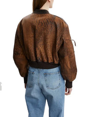 Vintage Brown Distressed Leather Bomber Jacket for Women