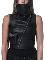 Women’s Black Sleeveless Leather Vest with High Neck & Asymmetrical Zip