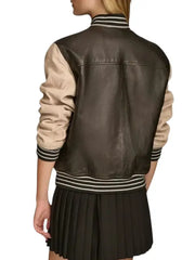 Women’s Two Tone Brown and Beige Leather Varsity Jacket