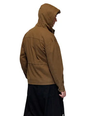 Men’s Brown Hooded Utility Jacket with Multi-Pocket Design