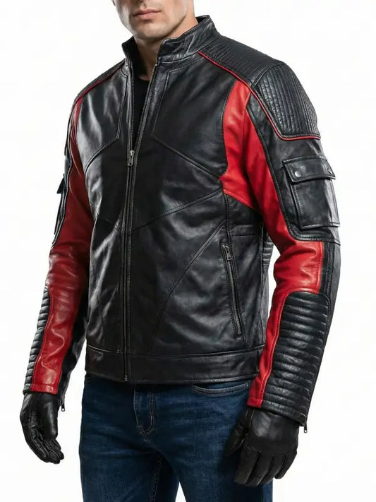 Men’s Black and Red Motorcycle Leather Jacket with Armor Style Detailing