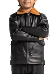 Kids Black Leather Jacket with Shearling Collar, Winter Zip-Up Jacket for Boys