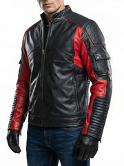 Men’s Black and Red Motorcycle Leather Jacket with Armor Style Detailing