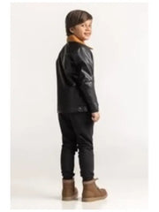 Kids Black Leather Jacket with Shearling Collar, Winter Zip-Up Jacket for Boys