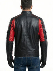 Men’s Black and Red Motorcycle Leather Jacket with Armor Style Detailing