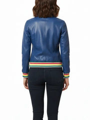 Women’s Blue Leather Jacket with Multicolor Striped Rib Trim
