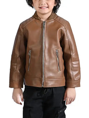 Kids Brown Leather Jacket | Stylish Zip-Up Jacket for Boys