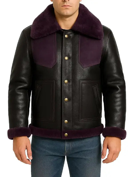 Men’s Black Leather Shearling Jacket with Fur Collar