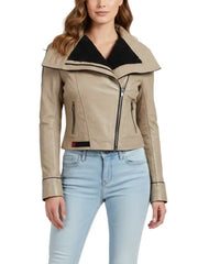 Women’s Beige Genuine Leather Moto Jacket with Wide Collar by The Leather Jackets