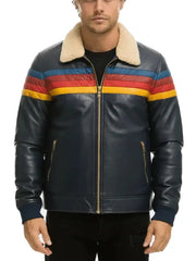 Men's Navy Leather Jacket with Multicolor Stripes and Shearling Collar