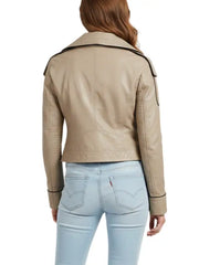 Women’s Beige Genuine Leather Moto Jacket with Wide Collar by The Leather Jackets