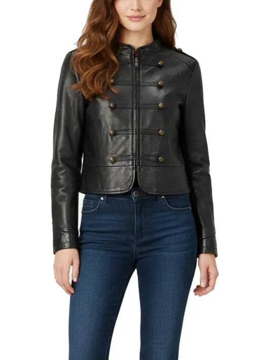 Women’s Black Military Style Genuine Leather Jacket with Brass Buttons by The Leather Jackets