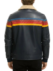 Men's Navy Leather Jacket with Multicolor Stripes and Shearling Collar