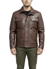 Men's Classic Brown Real Leather Utility Jacket with Front Flap Pockets