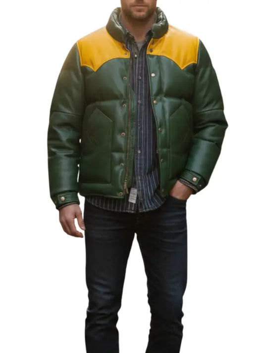 Men’s Green and Yellow Leather Puffer Jacket, Winter Insulated Outerwear by The Leather Jackets