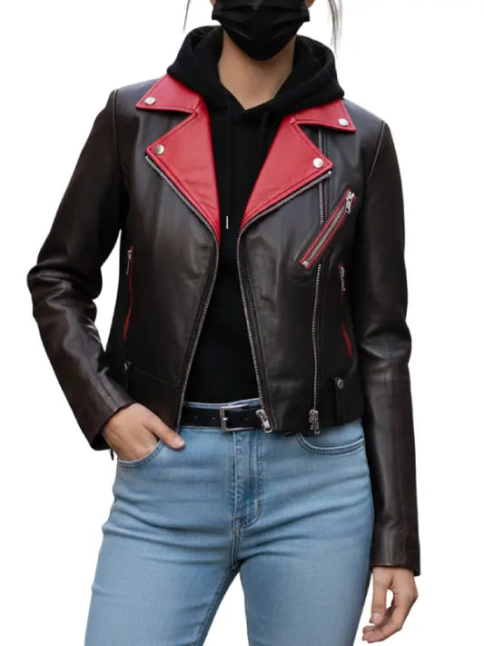 Women’s Brown and Red Genuine Leather Biker Jacket with Hoodie by The Leather Jackets