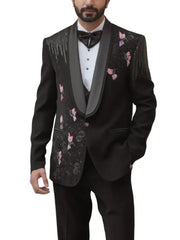 Men's Black Embroidered Tuxedo Coat with Satin Lapel and Butterfly Detailing