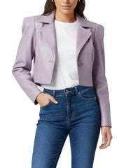 Lavender Cropped Leather Jacket for Women, Sharp Collar and Long Sleeves