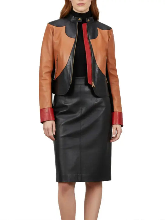 Women’s Two Tone Leather Jacket and Skirt Set, Premium Genuine Leather Outfit by The Leather Jackets