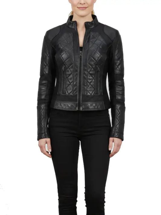 Women’s Black Quilted Genuine Leather Jacket, Slim Fit Moto Style by The Leather Jackets