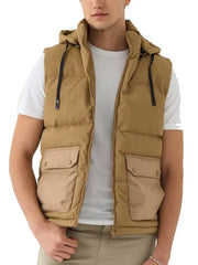 Men’s Tan Hooded Puffer Vest with Utility Pockets