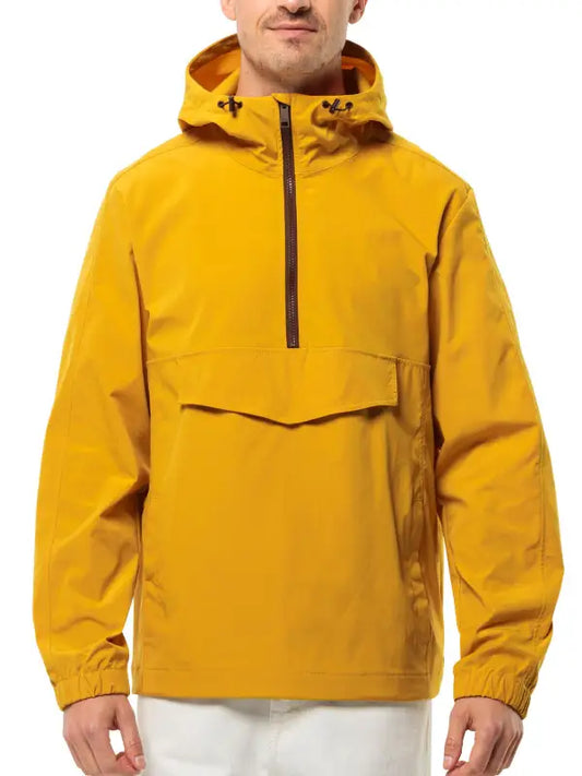 Men’s Yellow Hooded overhead Jacket – Lightweight Windproof Pullover