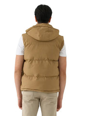 Men’s Tan Hooded Puffer Vest with Utility Pockets