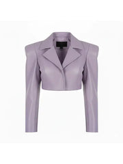 Lavender Cropped Leather Jacket for Women, Sharp Collar and Long Sleeves
